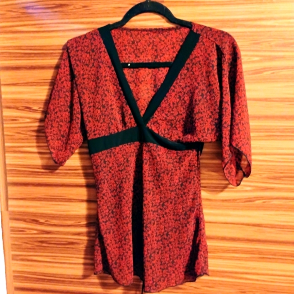 Sheer red and black short sleeve blouse